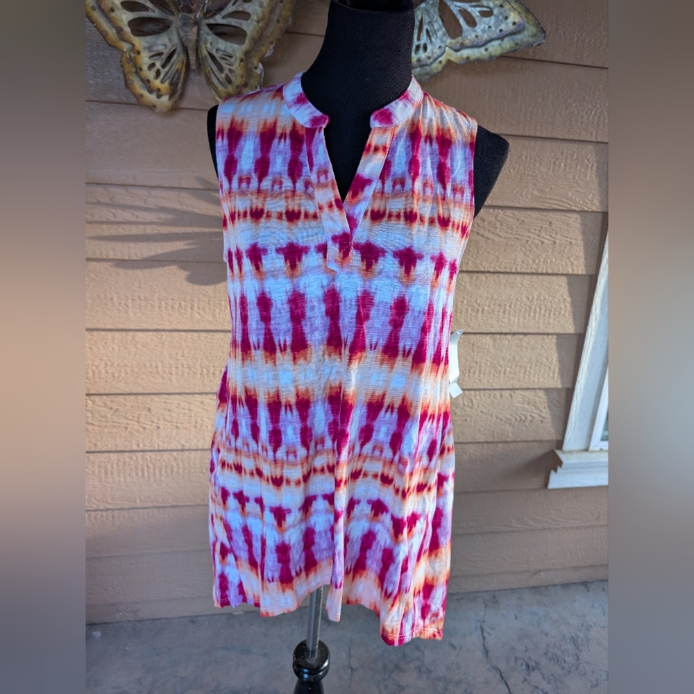 Chico's Slub Knit Pink and White Tie-Dye Waves Tunic Tank Top